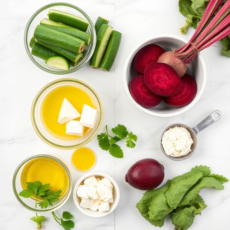 Raw beets, cucumbers, feta cheese, olive oil, lemon juice, and herbs. Fresh and ready to cook.