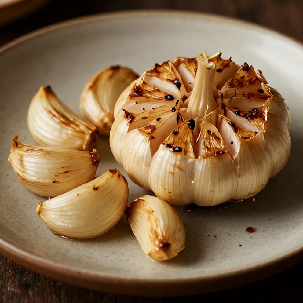Close-up of roasted garlic cloves on a rustic plate