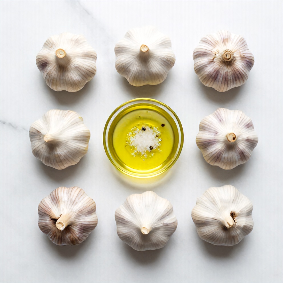 Whole garlic bulbs, olive oil, salt, and pepper arranged on a wooden surface