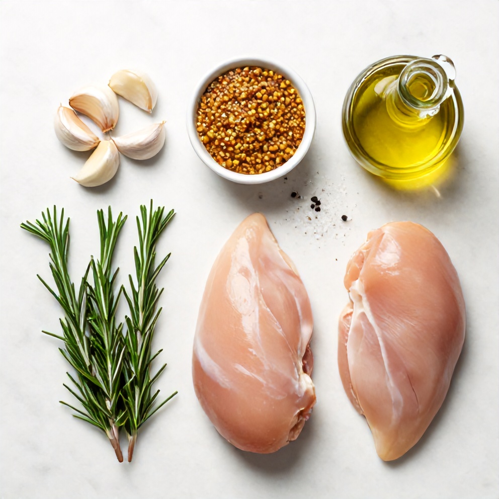 Rosemary, Dijon mustard, garlic, chicken breasts, olive oil, salt, pepper, and chicken breasts