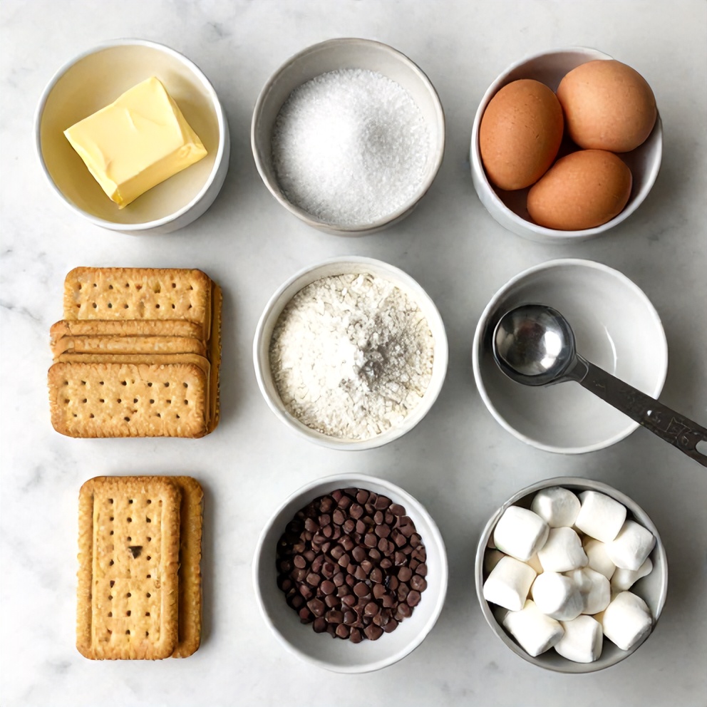Raw ingredients for S'mores Cookie Cake: graham crackers, butter, sugar, eggs, flour, chocolate chips, marshmallows