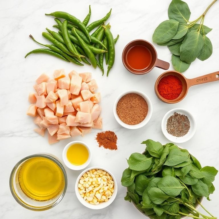 flat lay of chicken broth, green chilies, spinach, corn, cheese