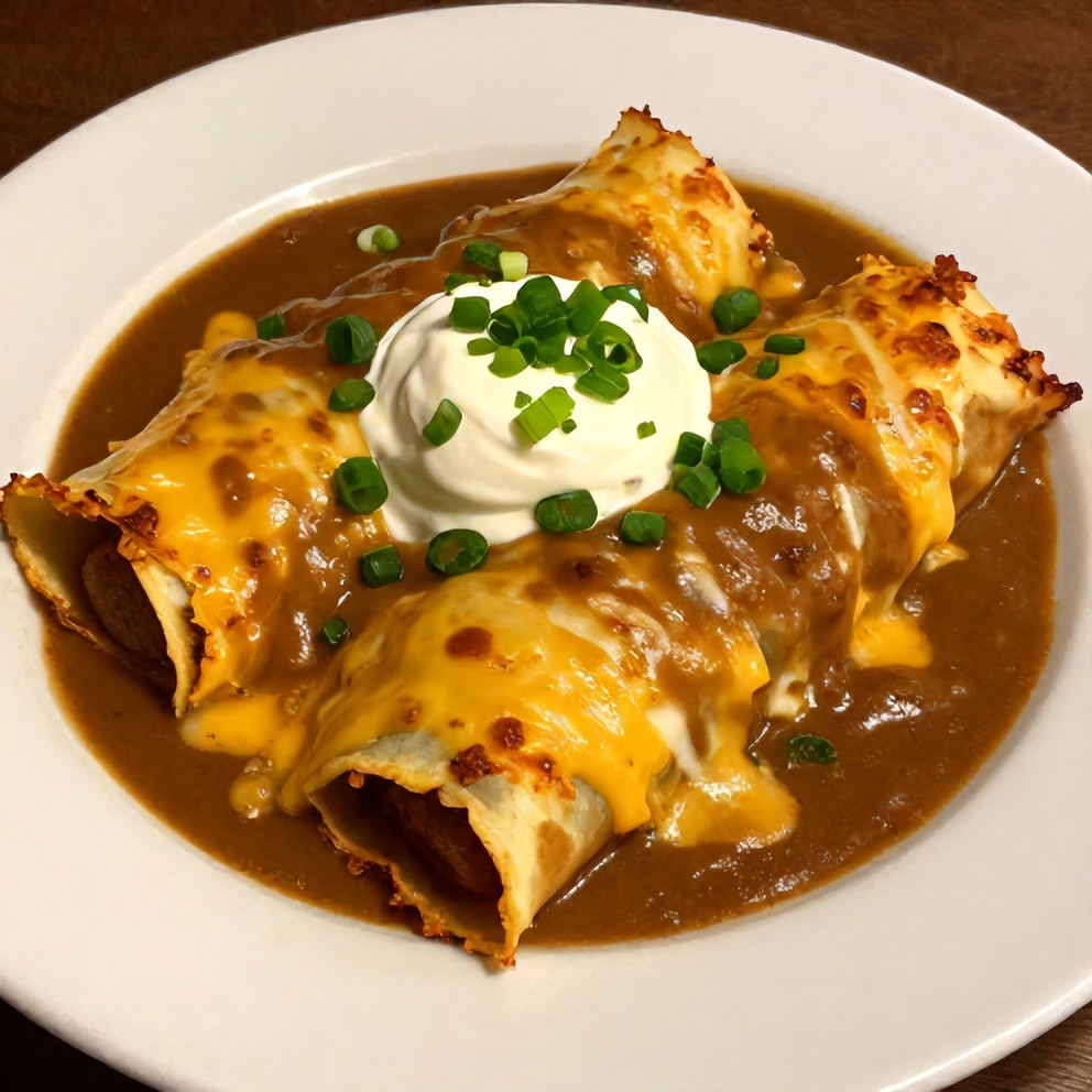 Plated Sausage Gravy Enchiladas with garnish