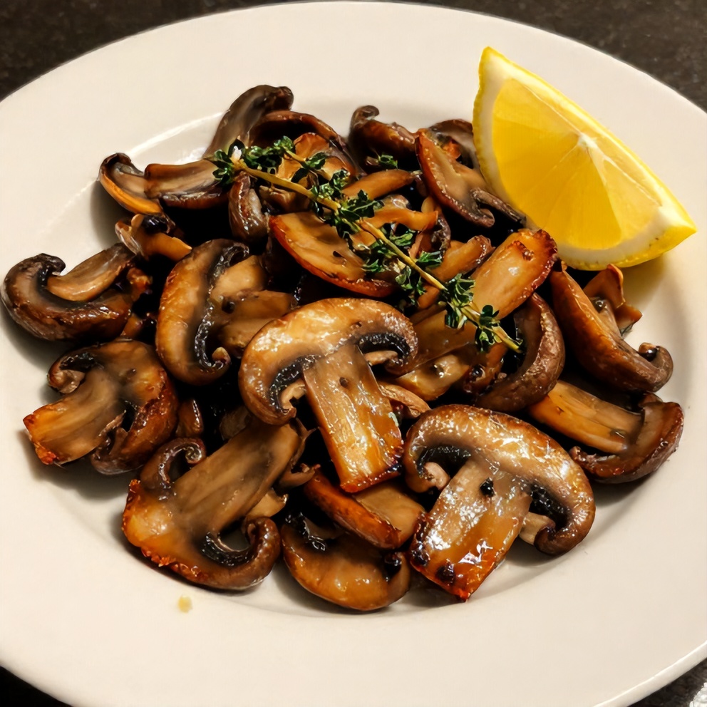 Plated sautéed mushrooms with fresh thyme and a squeeze of lemon