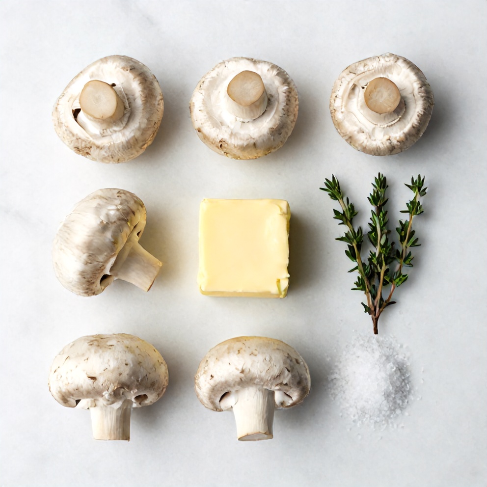 Raw mushrooms, garlic, butter, thyme, and salt arranged in a flat lay