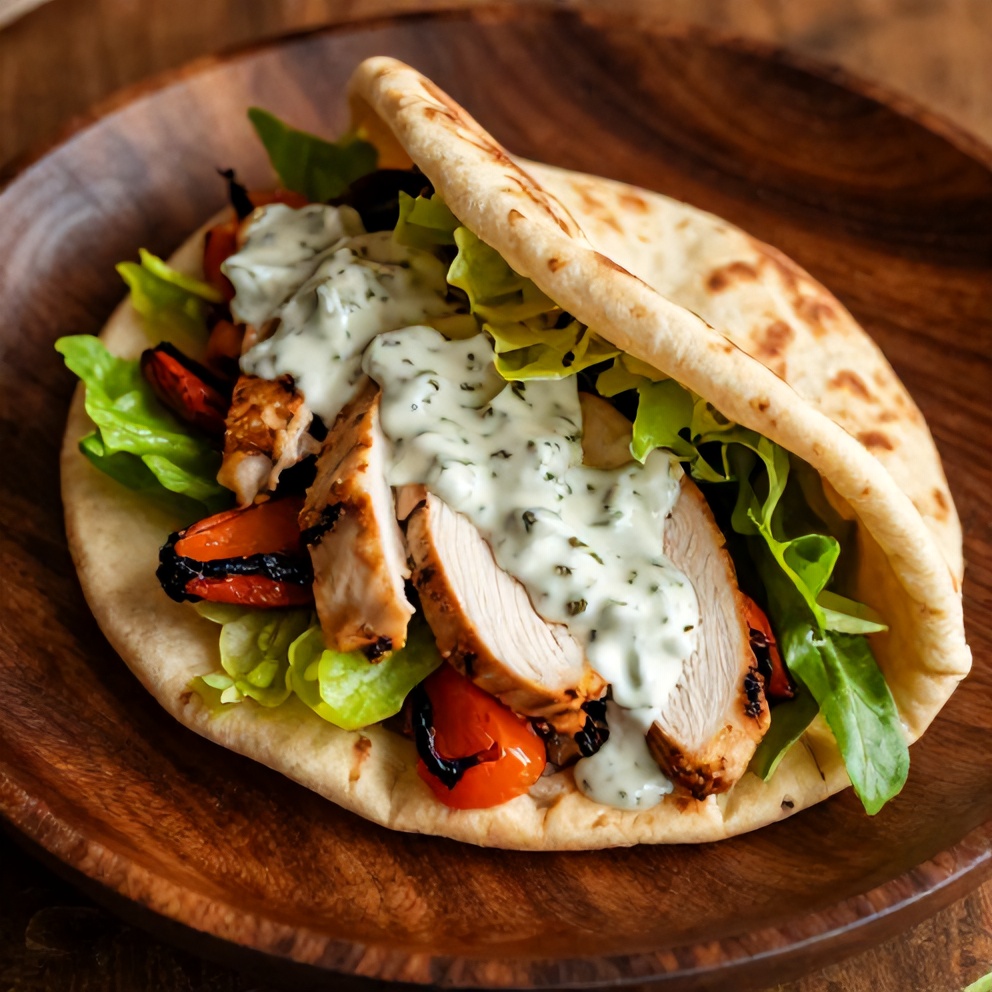 Plated Sheet Pan Chicken Pitas with Herby Ranch Sauce