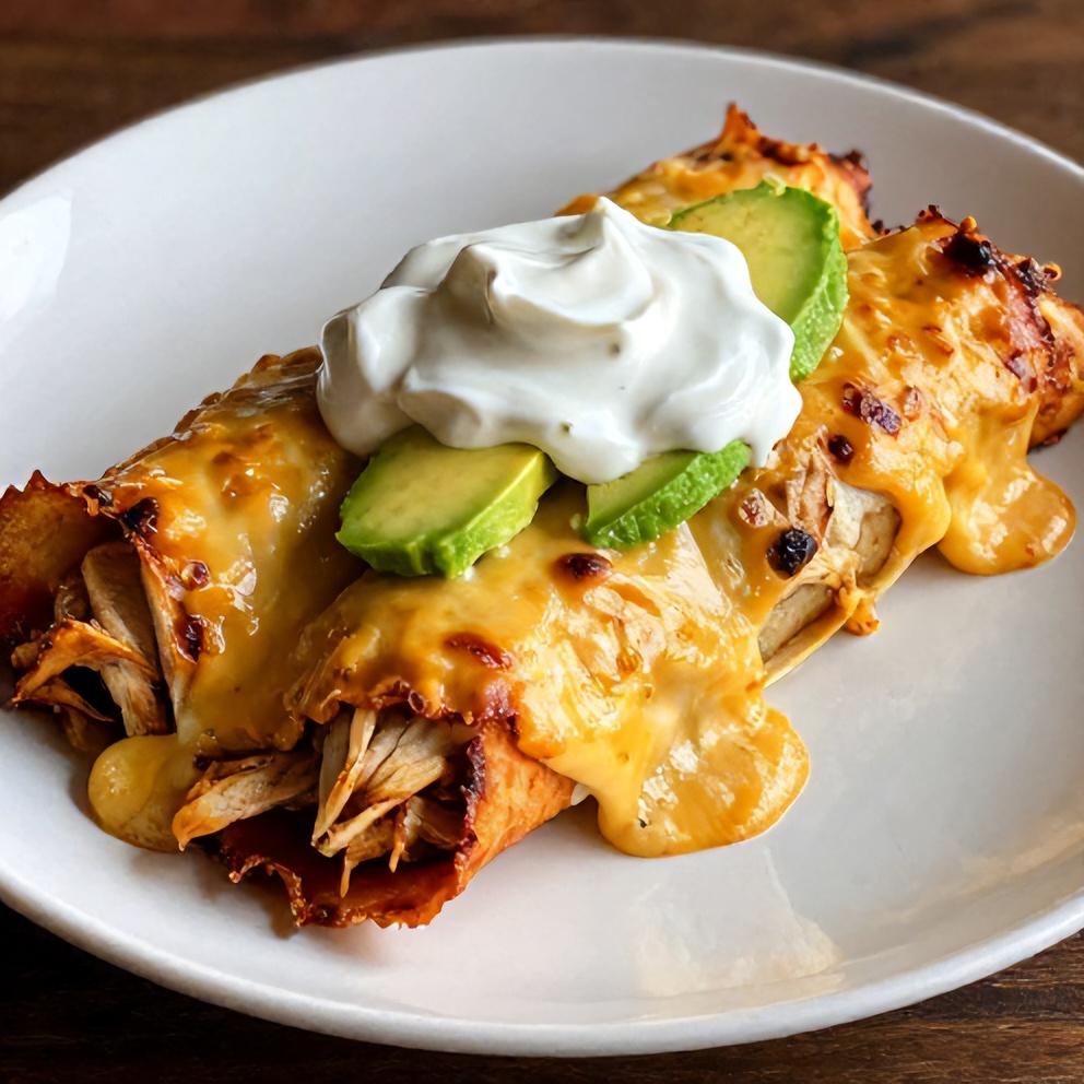Plated Slow Cooker Chicken Enchiladas with avocado and sour cream