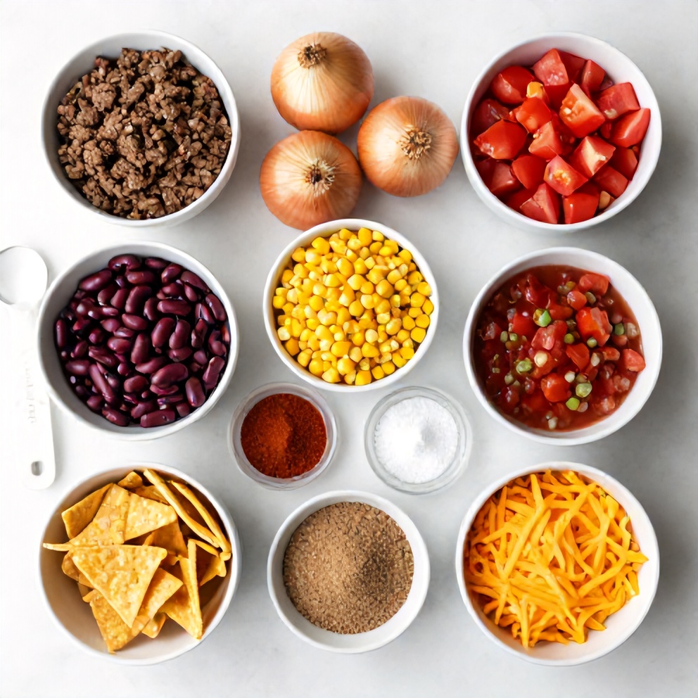 Raw ingredients for Easy Slow Cooker Cowboy Casserole arranged in an overhead flat lay