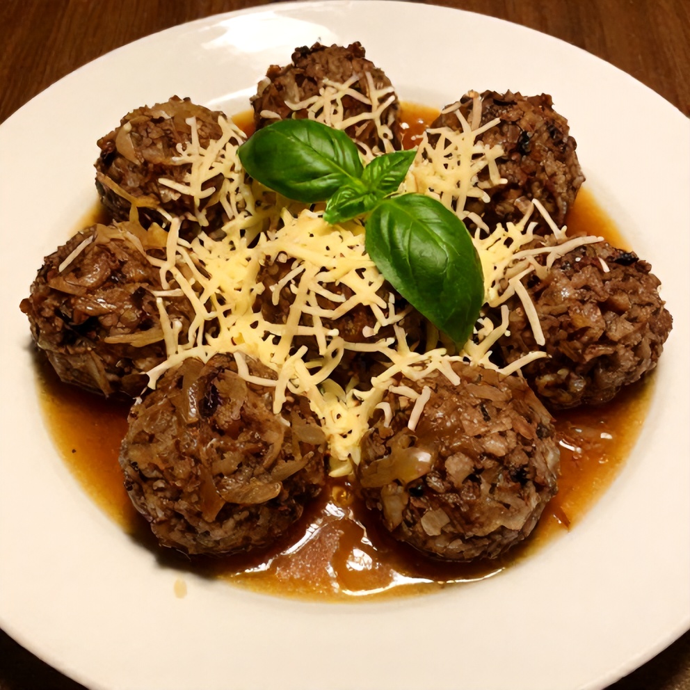 Perfectly plated slow cooker french onion meatballs. Topped with fresh basil and extra cheese. White porcelain plate with sauce drizzled. Warm lighting shows rich texture.