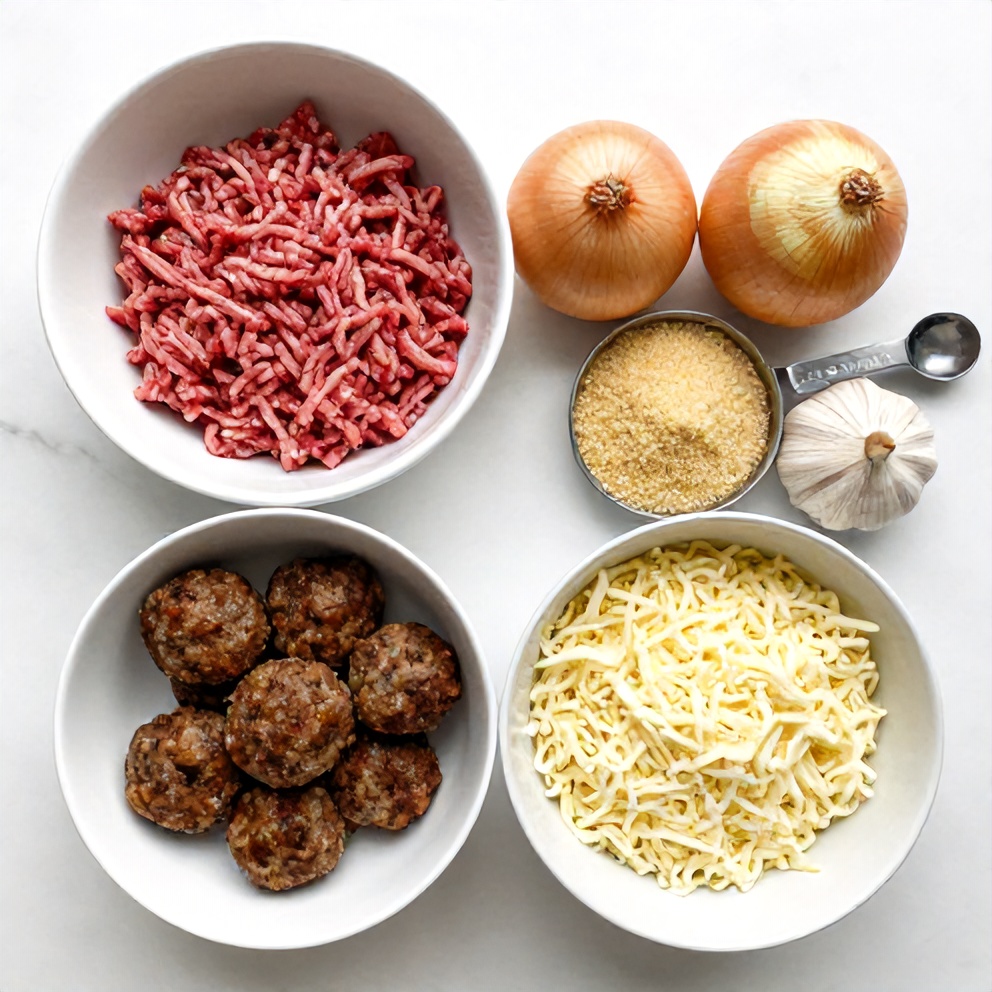 Raw ingredients for easy slow cooker french onion meatballs. Ground beef, onion, breadcrumbs, garlic, and mozzarella. Measuring spoons and bowls visible. Bright even light. Flat lay on white marble surface.