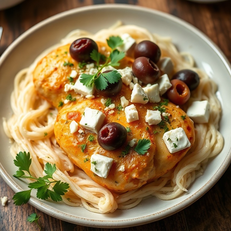 Perfectly plated slow cooker Greek chicken with feta and olives