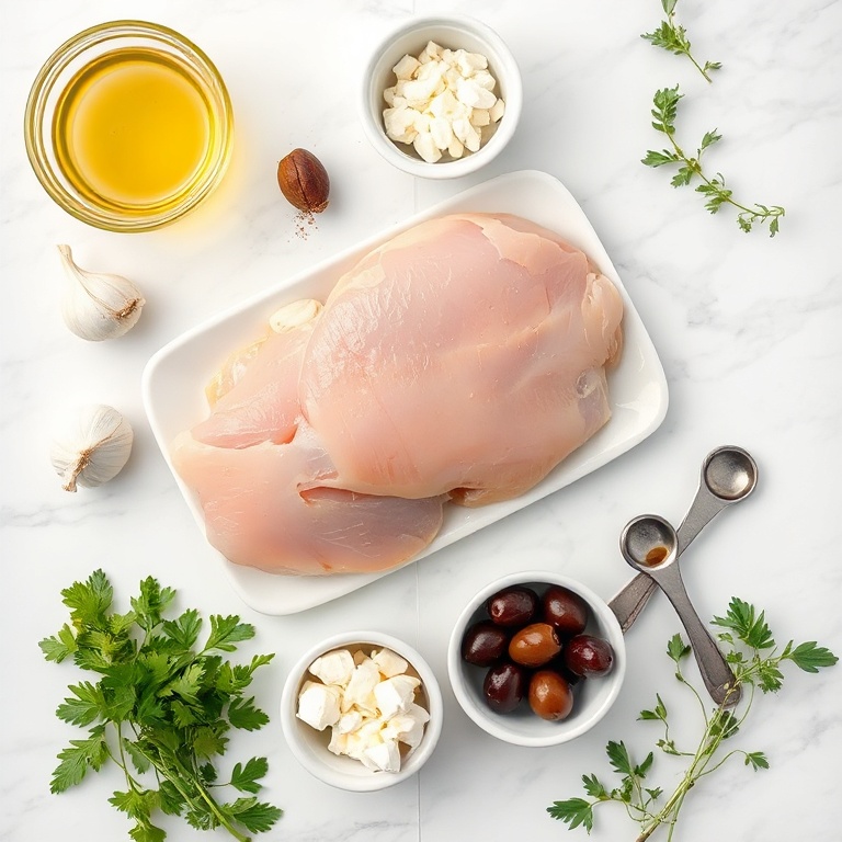 Raw chicken, olive oil, garlic, olives, feta, and herbs arranged in a flat lay