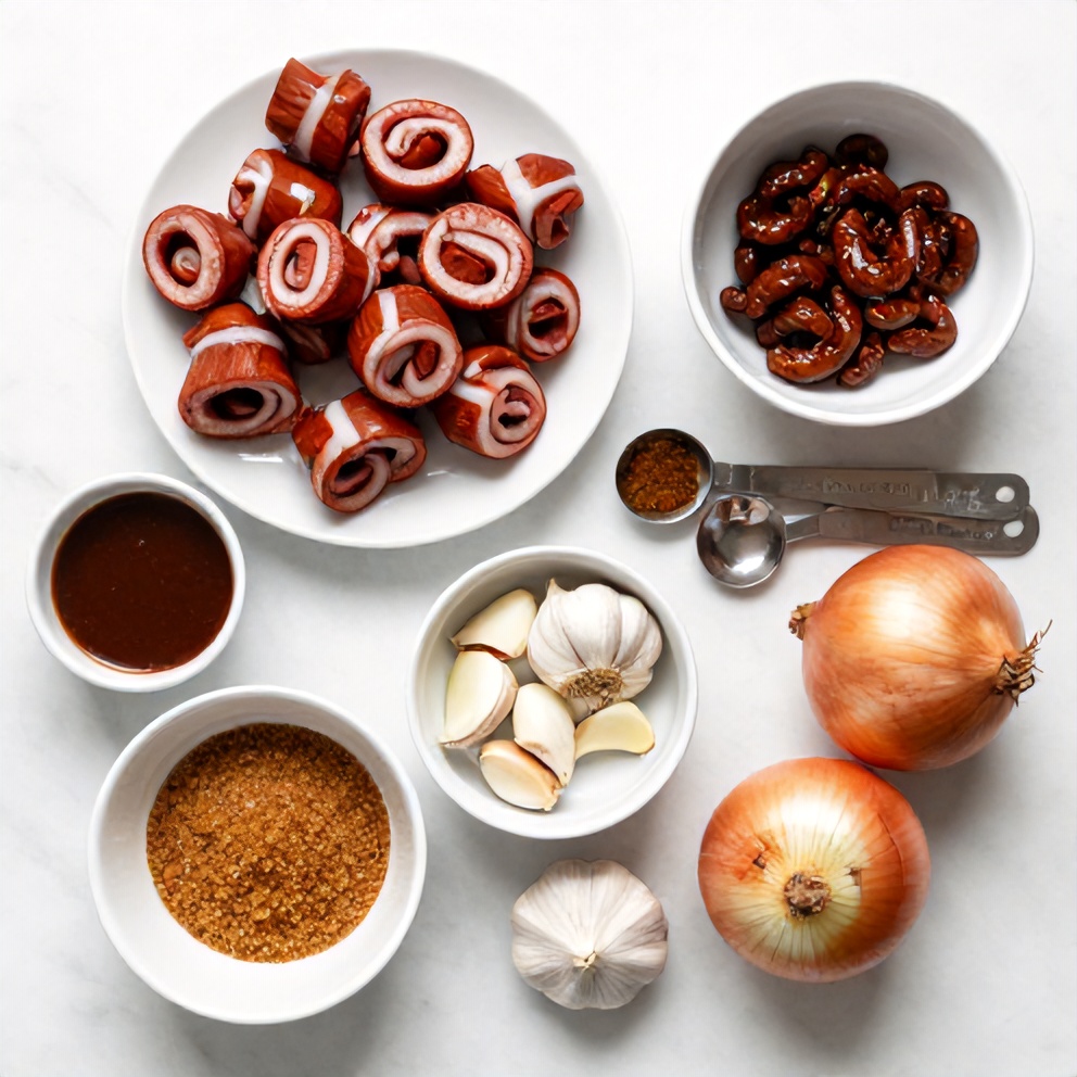 Little Smokies, BBQ sauce, brown sugar, garlic, onion, raw ingredients