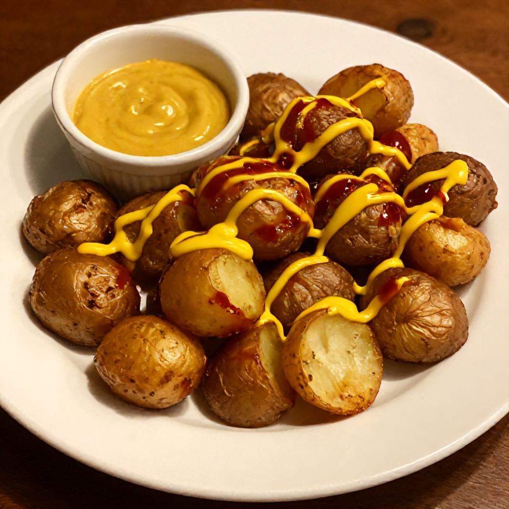 Plated serving of smoked baby potatoes with beer mustard and BBQ rub