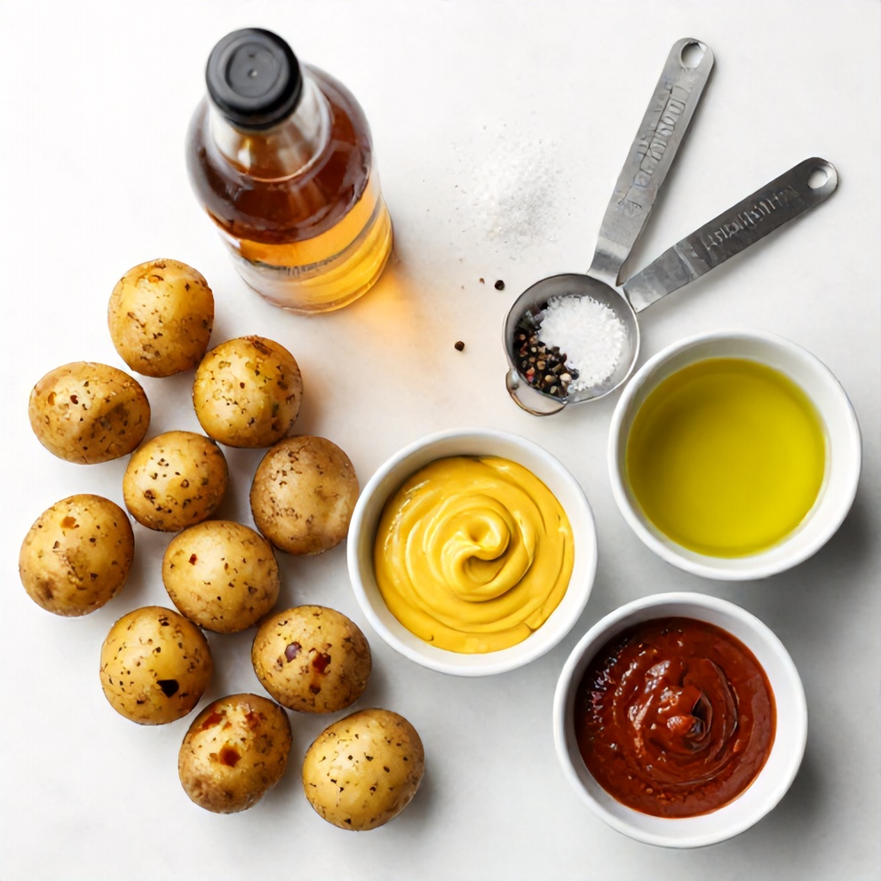 Raw ingredients for smoked baby potatoes with beer mustard and BBQ rub