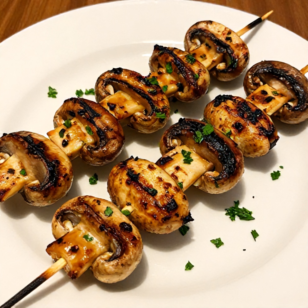 Plated grilled mushroom skewers with parsley garnish