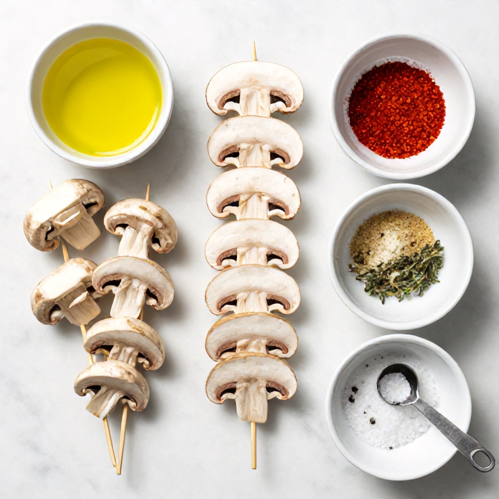 Raw mushrooms, skewers, olive oil, and seasonings laid out