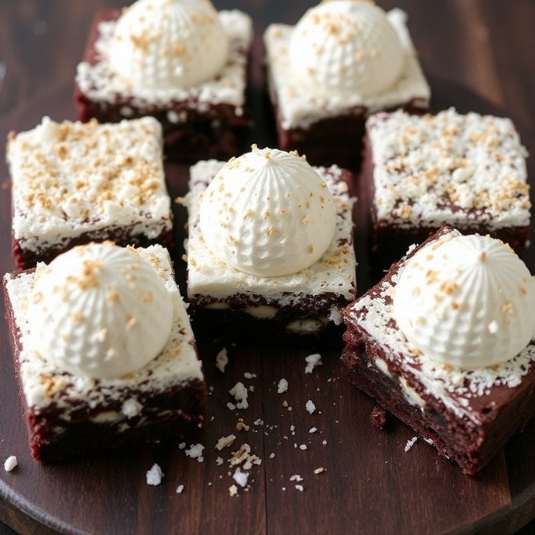 Sno ball brownies cut into squares. Crispy coconut and melted marshmallow on top. Perfectly plated on a dark wooden board.