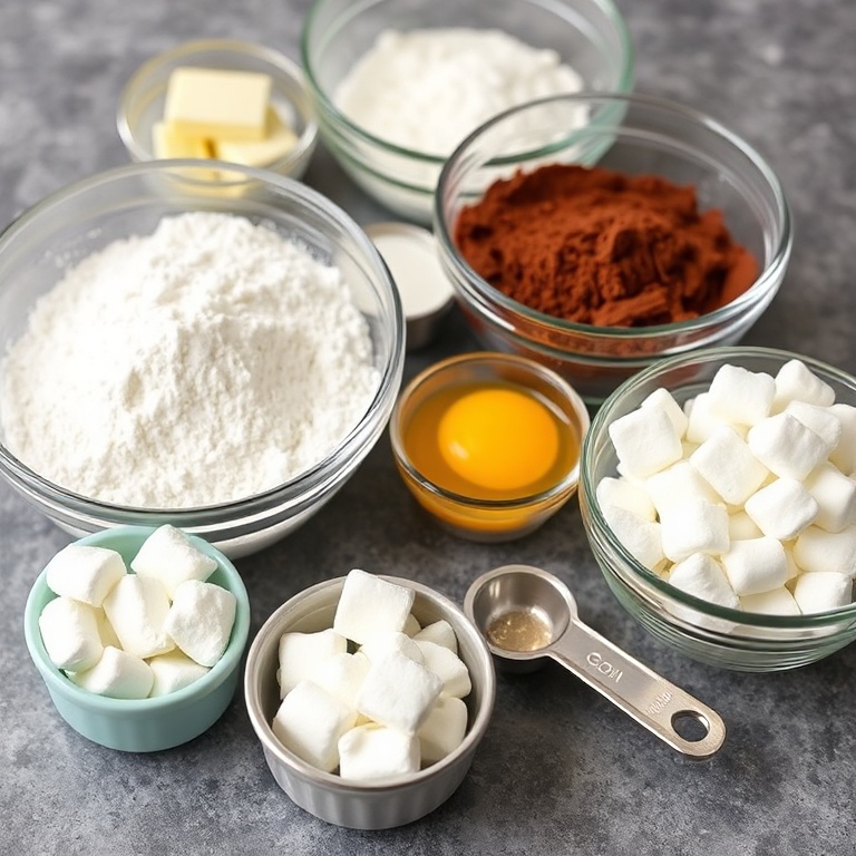 Raw ingredients for sno ball brownies. Flour, sugar, cocoa, butter, eggs, coconut, and marshmallows. Measuring cups and bowls in focus.