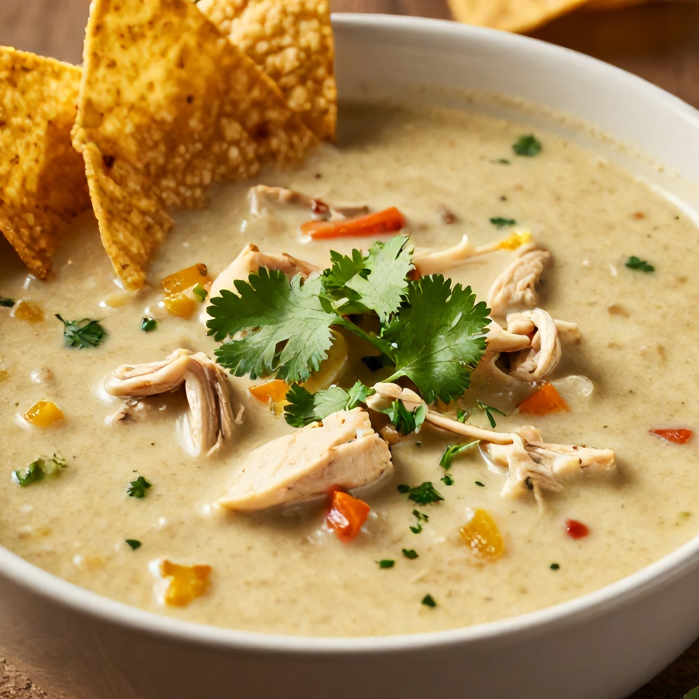 Bowl of Southwest Chicken Soup with a sprinkle of cilantro and a side of tortilla chips
