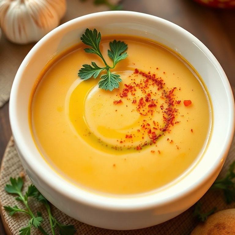 A bowl of Spanish garlic soup with a drizzle of olive oil, a sprinkle of smoked paprika, and fresh parsley on top