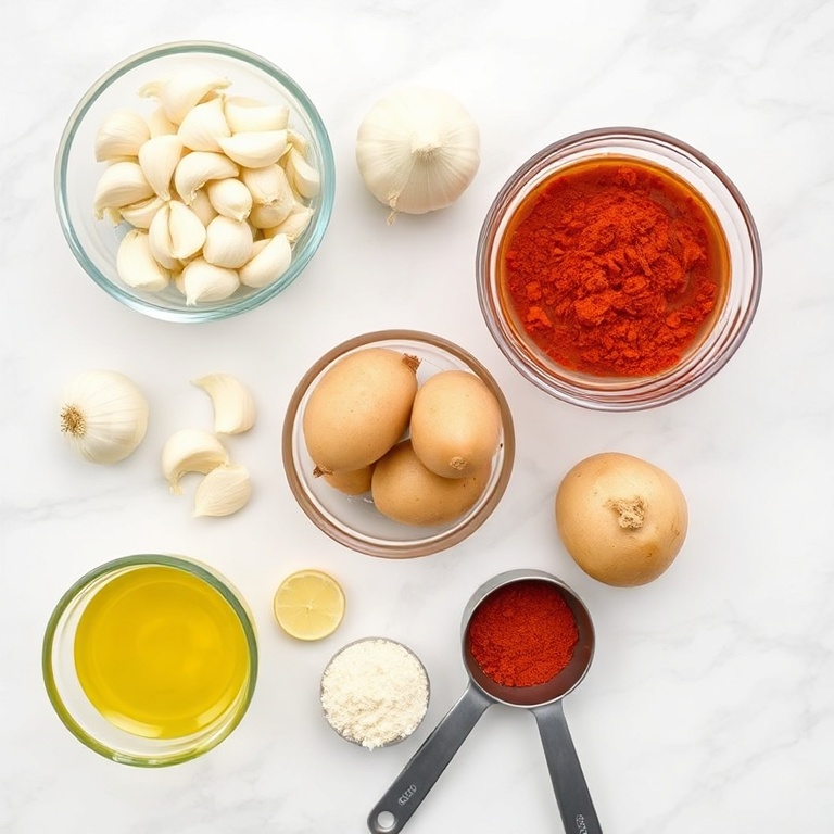 Raw ingredients for Spanish garlic soup including garlic, onion, potatoes, olive oil, and smoked paprika