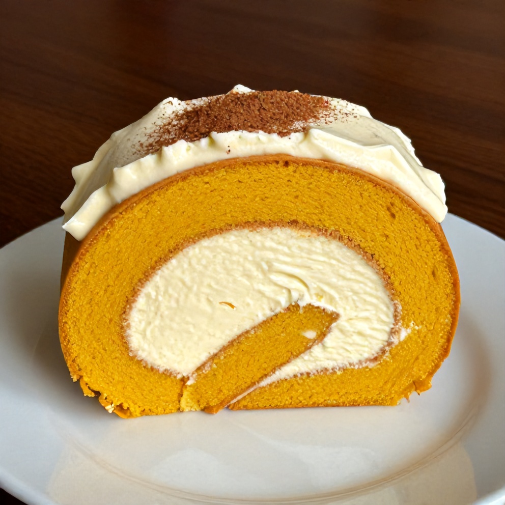 A beautifully plated slice of the pumpkin roll with cream cheese frosting, garnished with a sprinkle of cinnamon