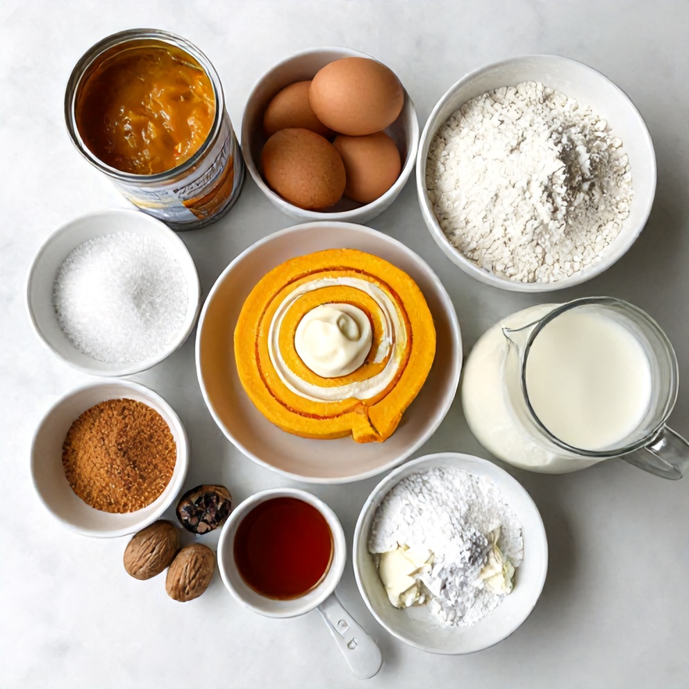 An overhead shot of the ingredients for the pumpkin roll, including pumpkin puree, eggs, sugar, and spices
