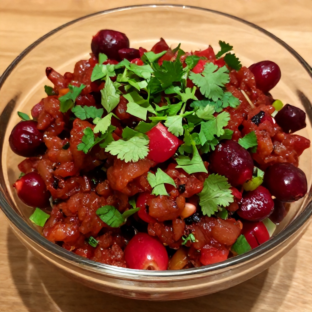 Easy Spicy Cranberry Salsa served in a bowl with tortilla chips