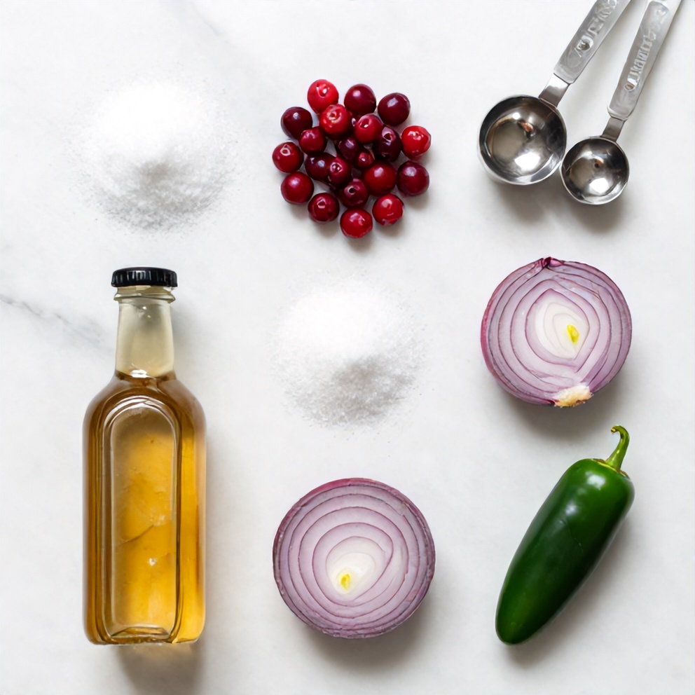 Raw ingredients for Easy Spicy Cranberry Salsa on a white marble surface