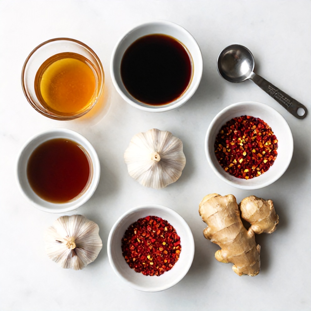 Ingredients for Spicy Honey Soy Sauce laid out