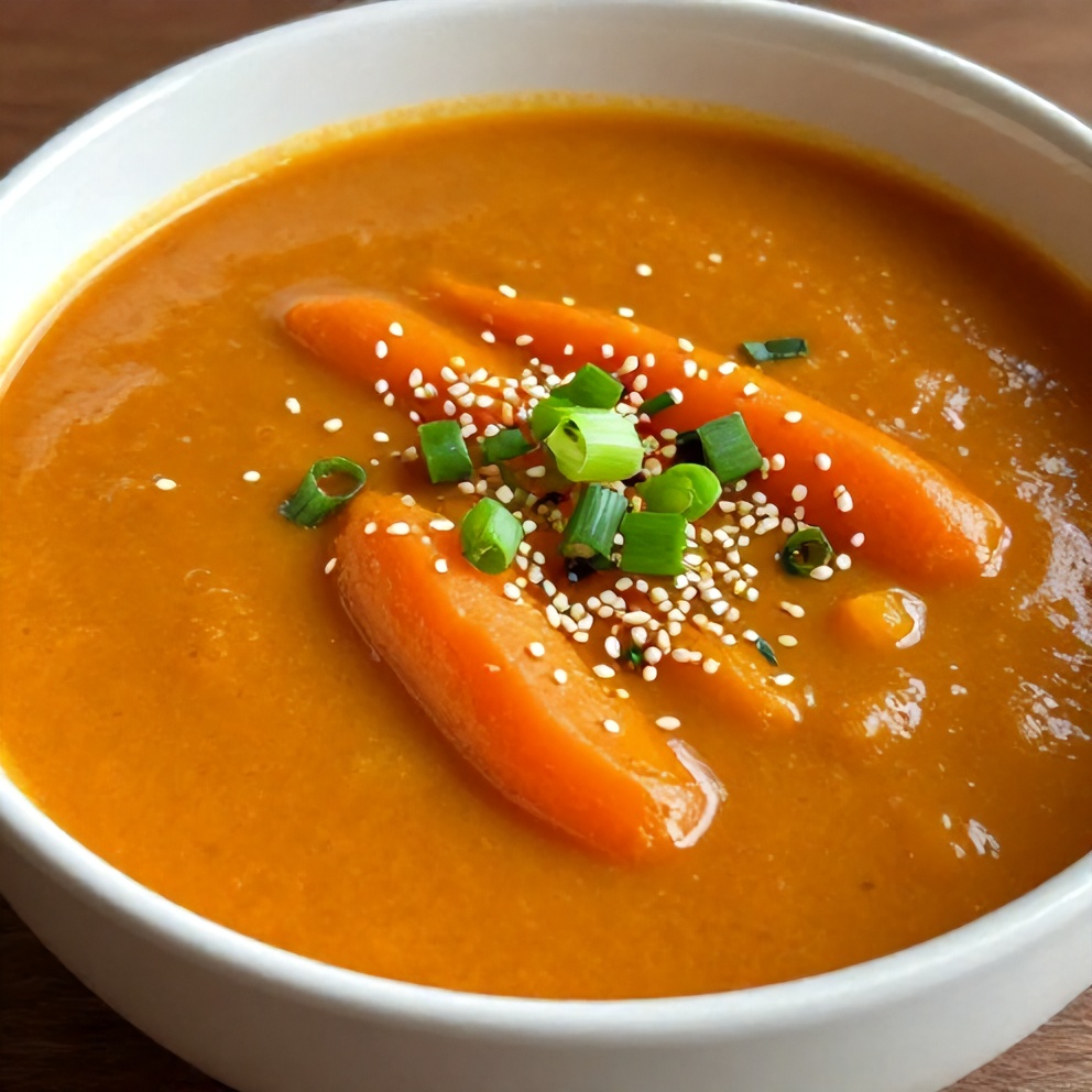 Bowl of Spicy Miso Carrot Soup with Green Onions