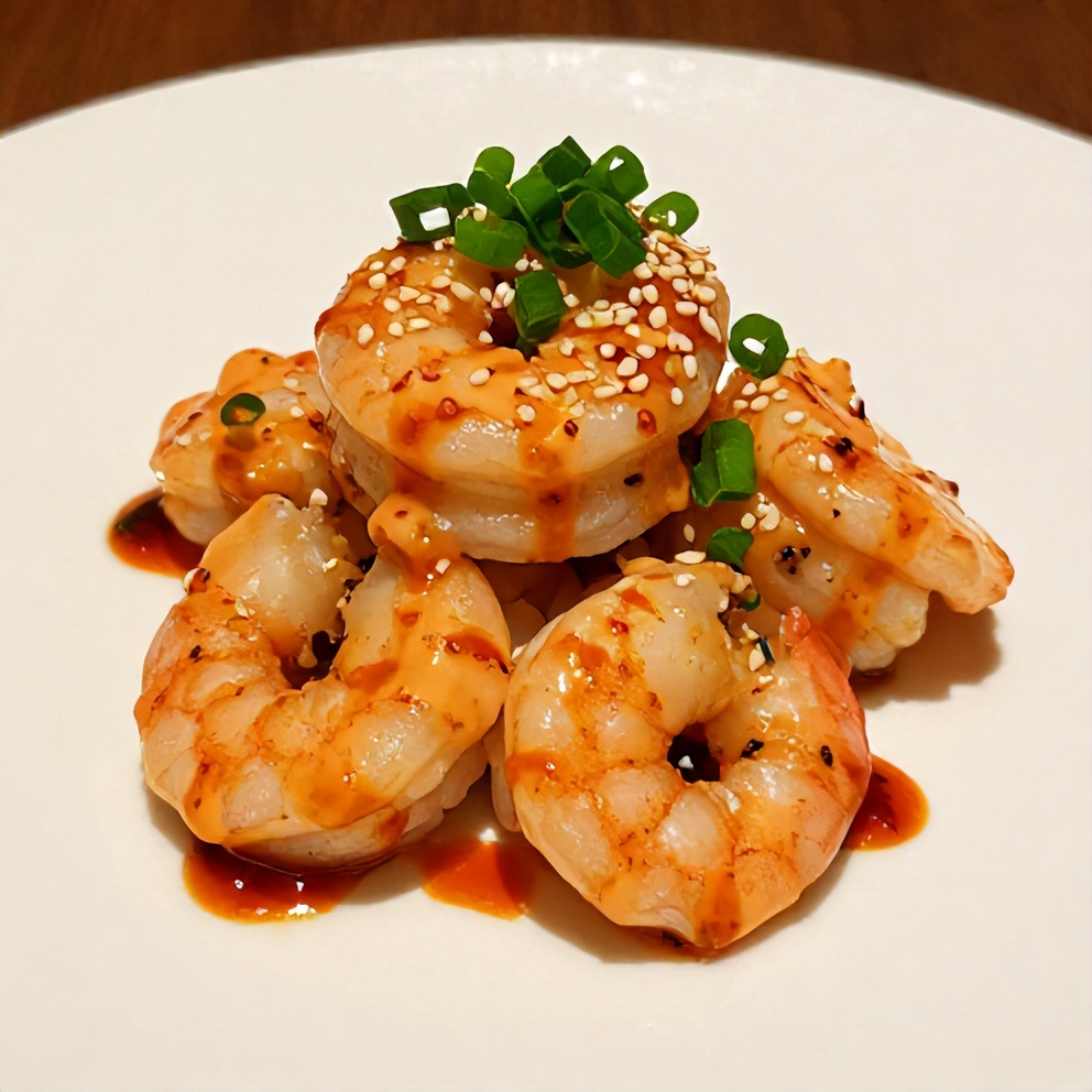 Plated Spicy Shrimp Sushi Stacks with green onions and sesame seeds