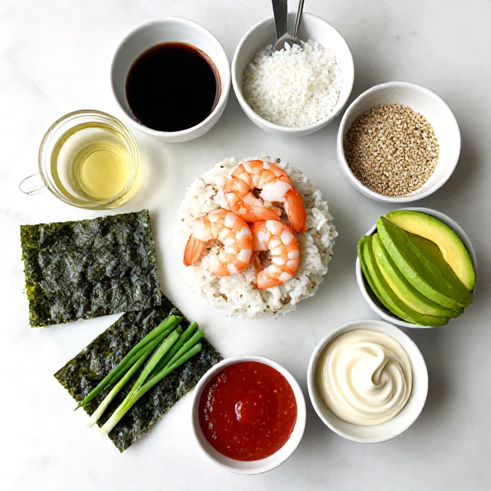 Raw ingredients for Spicy Shrimp Sushi Stacks on a marble surface