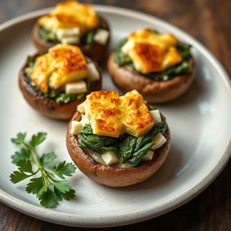 Perfectly plated stuffed mushrooms with feta and spinach, golden edges, fresh herbs on the side