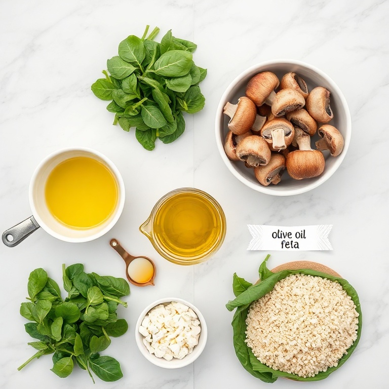 Fresh mushrooms, spinach, feta, olive oil, garlic, and breadcrumbs arranged in a flat lay