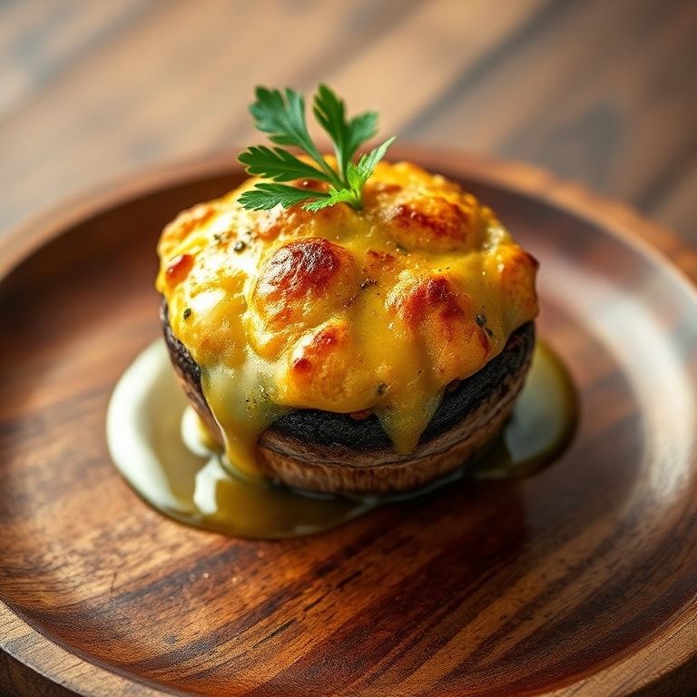 Finished spinach and cheese stuffed portobello mushrooms on a wooden plate with parsley garnish