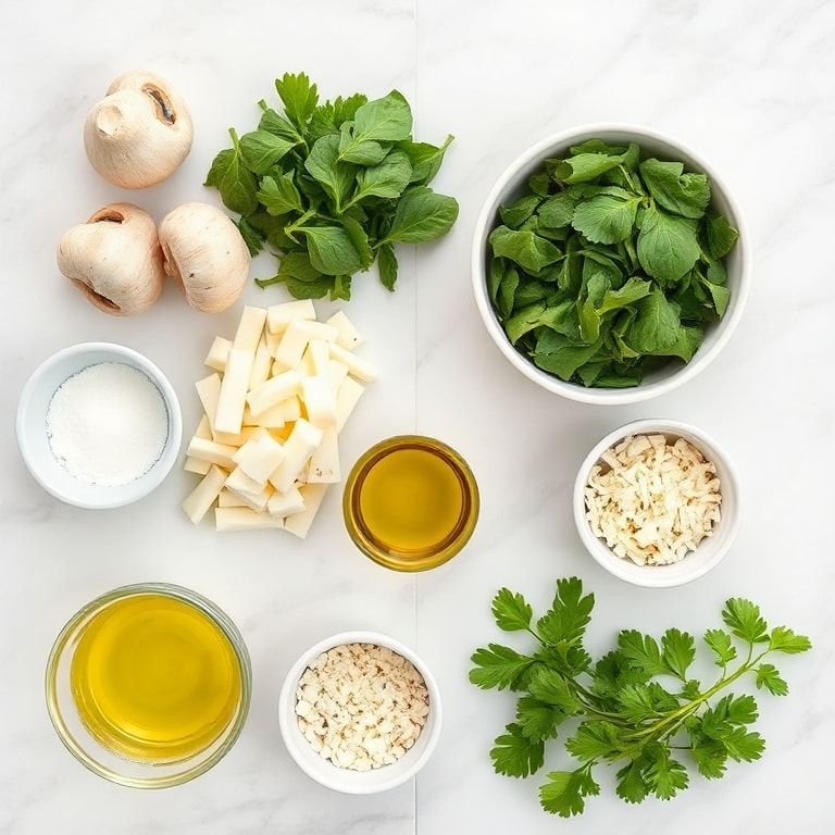Raw ingredients for spinach and cheese stuffed portobello mushrooms on a white marble kitchen counter