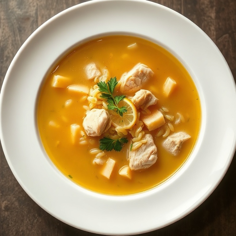 A perfectly plated bowl of lemon chicken orzo soup with a sprinkle of parsley