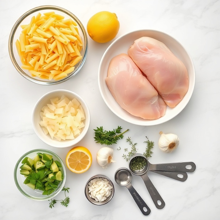 Raw ingredients for lemon chicken orzo soup arranged in a flat lay