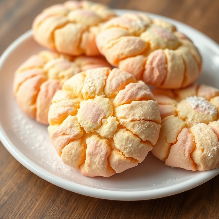 Crispy pastel crinkle cookies on a white plate with a sprinkle of sugar