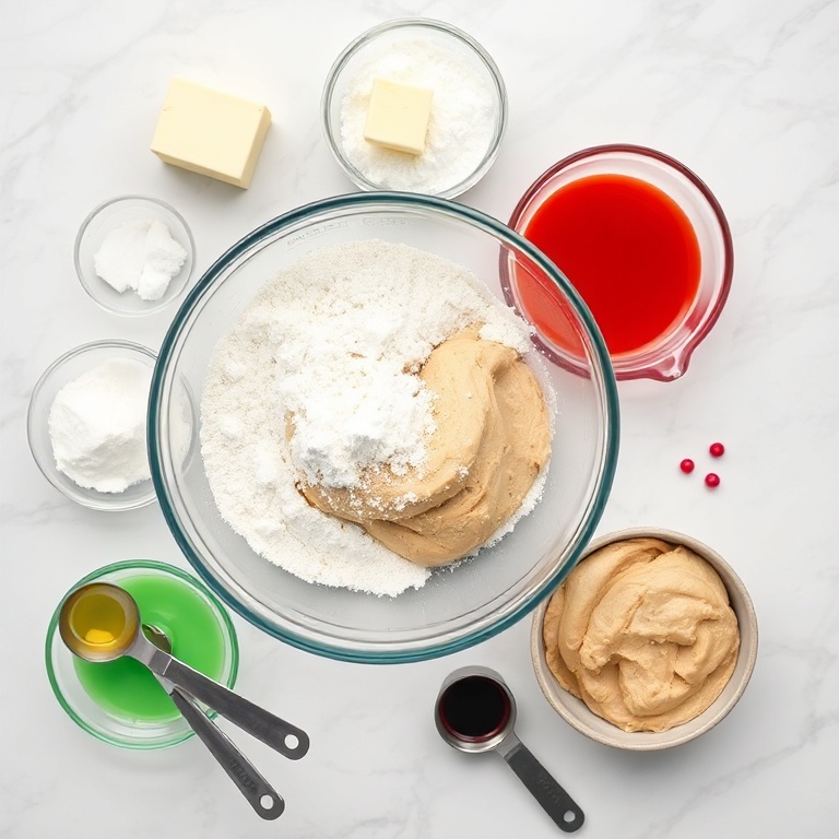 Flour, sugar, butter, food coloring, and cookie dough in a bowl