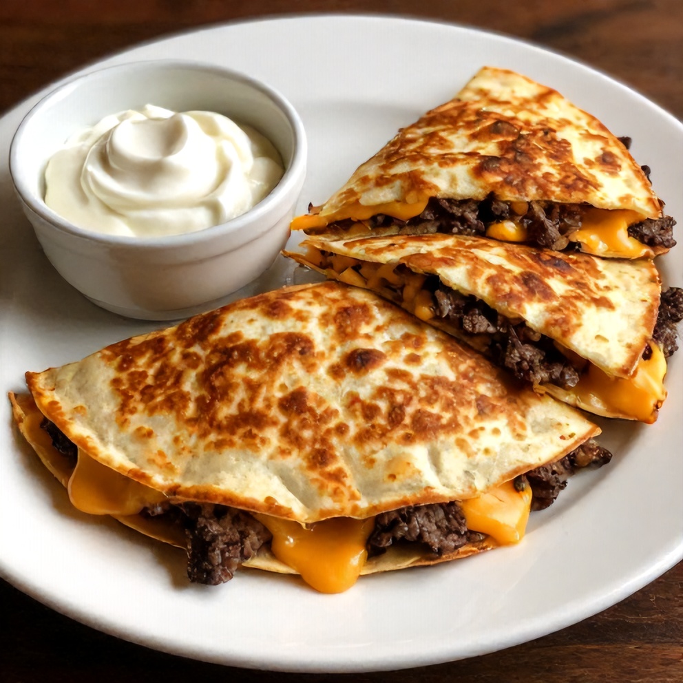 Plated steak cheese quesadillas with sour cream