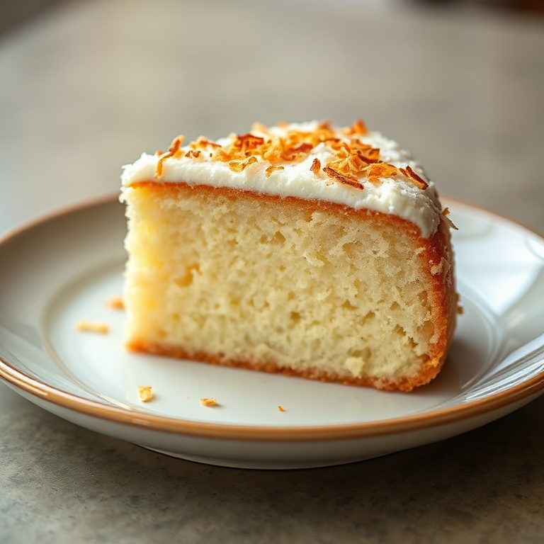 Plated slice of sticky coconut cake