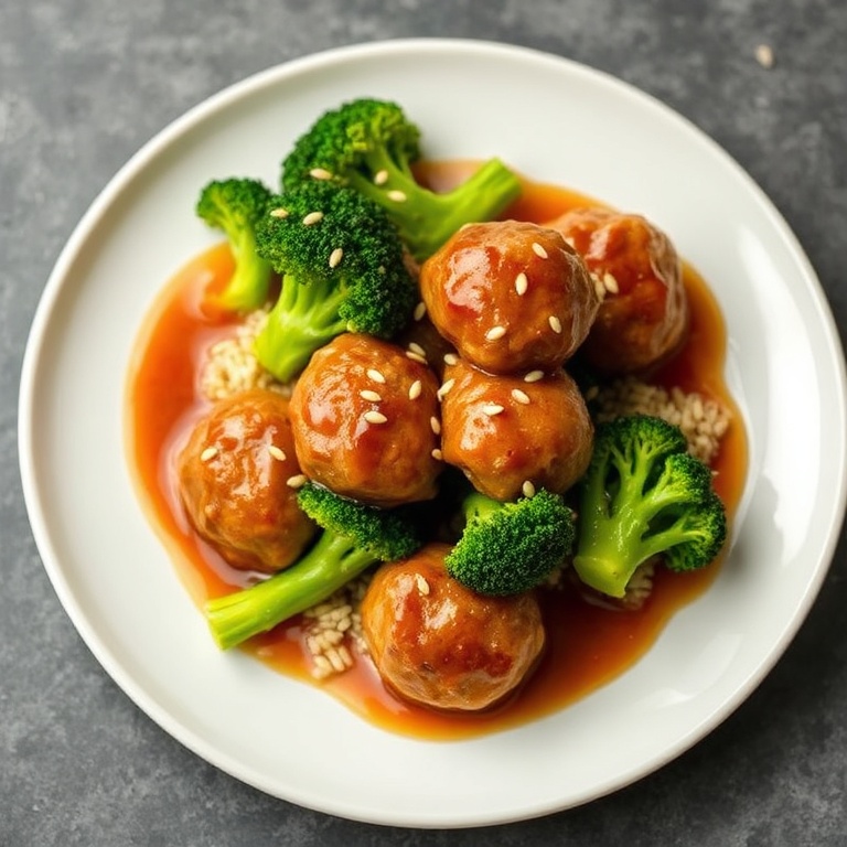 Perfect plated serving of Mongolian meatballs with broccoli. Garnished with sesame seeds. Bright plate with glossy sauce and crispy edges.