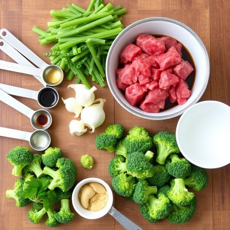 Raw ingredients for sticky Mongolian meatballs and broccoli. Ground beef, soy sauce, garlic, broccoli florets, and ginger. Measuring spoons and bowls on a wooden surface.