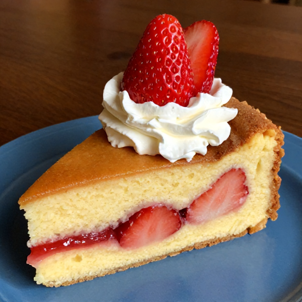 Strawberry earthquake cake slice on a blue plate with a dollop of whipped cream