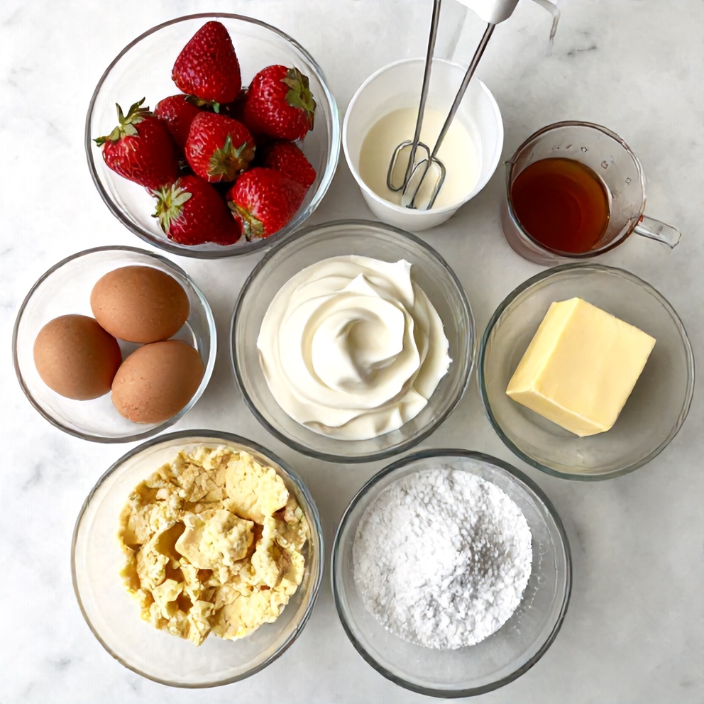 Ingredients for strawberry earthquake cake on a white marble counter