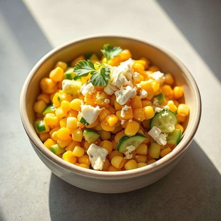 Finished corn cucumber salad with feta garnish