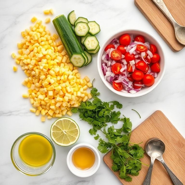 Raw ingredients for corn cucumber salad arranged